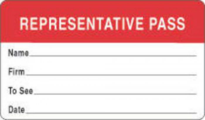 Visitor Pass Label Paper Removable "Representative Pass" 1" Core 2-3/4" X 1-3/4" Red, 1000 per Roll