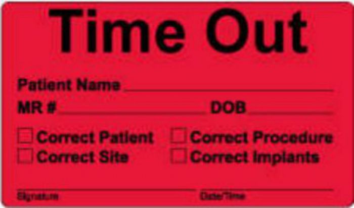 Label Paper Permanent Time Out Patient 3" x 1", 3/4", Fl. Red, 500 per Roll