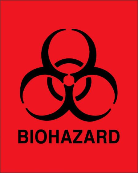 Hazard Label (Paper, Permanent) Biohazard  8"x10" Fluorescent Red - 50 Labels per Package