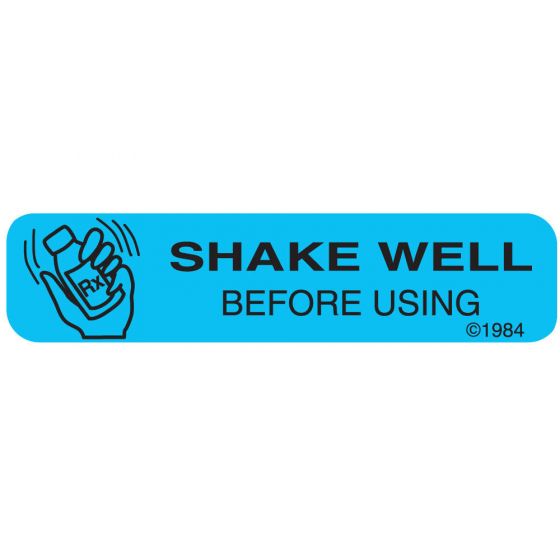 Communication Label (Paper, Permanent) Shake Well Before, 1 9/16" x 3/8" Blue - 500 per Roll, 2 Rolls per Box