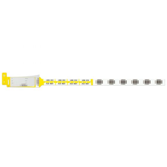 SECURLINE® BLOOD WRISTBAND POLY SYNTHETIC HYBRID, BARCODE TAIL WITH ALPHA NUMERIC LABELS ON BAND 3 1/4" X 11" ADULT YELLOW - 150 BANDS PER BOX