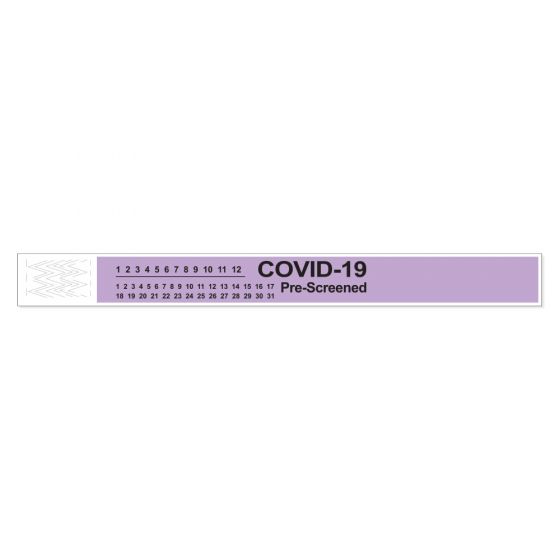 Short Stay® Alert Bands® Tyvek® "COVID-19 Pre-screened" Pre-printed, 1" x 10" Adult/Pediatric Lavender, 1000 per Box