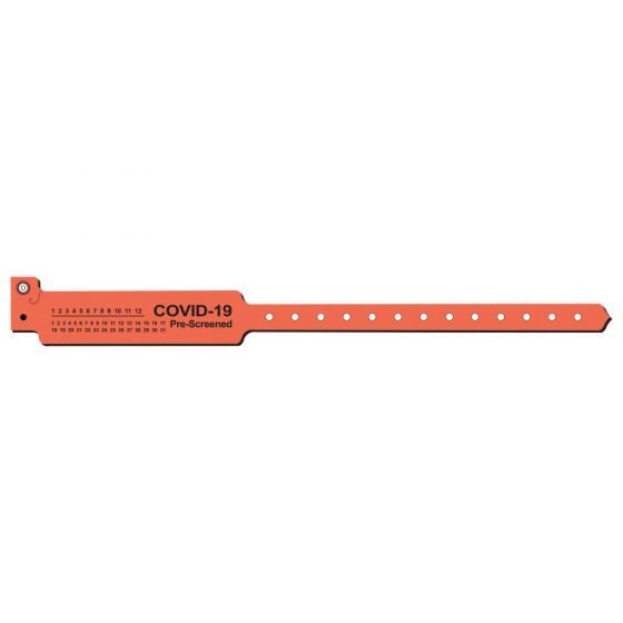 Sentry® Alert Bands® Poly "COVID-19 Pre-Screened" Pre-Printed, State Standardization 1" x 11-1/2" Adult Orange, 500 per Box