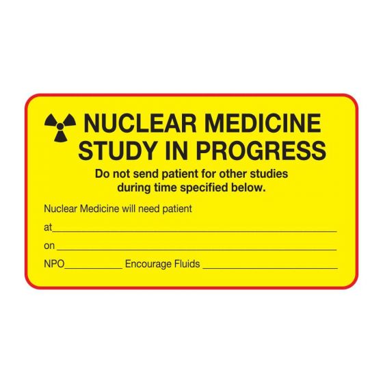 Hazard Label (Paper, Permanent) Nuclear Medicine  3"x1 3/4" Yellow with Red - 500 Labels per Roll