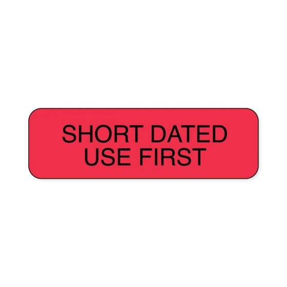 Lab Communication Label (Paper, Permanent) Short Dated Use First  1 1/4"x3/8" Fluorescent Red - 1000 per Roll