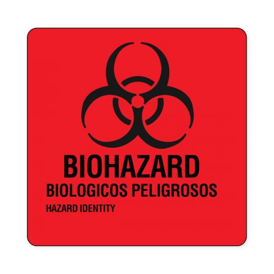 Hazard Label (Paper, Permanent) Biohazard Biologicos  3"x3 Fluorescent Red - 500 Labels per Roll