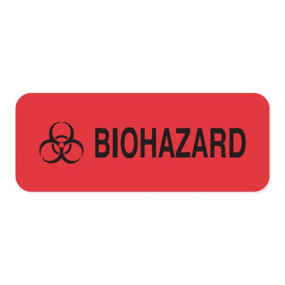 Hazard Label (Paper, Permanent) Biohazard 2-1/4"x7/8" Fluorescent Red - 1000 Labels per Roll