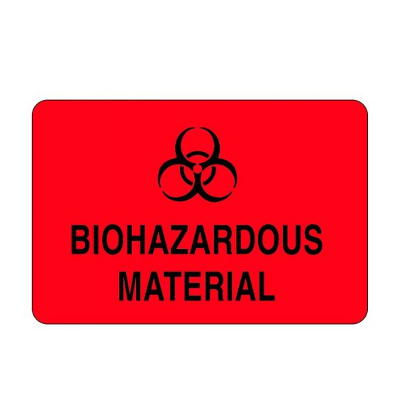 Hazard Label (paper, Permanent) Biohazardous Material   3" X 2" Fluorescent Red - 500 Labels Per Roll