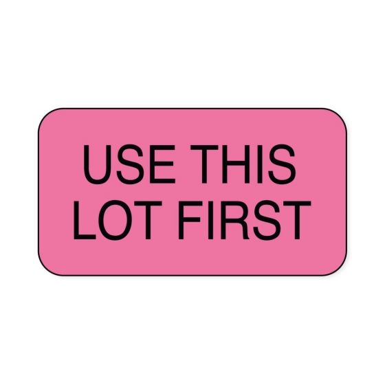 Lab Communication Label (Paper, Permanent) Use This Lot First  1 5/8"x7/8" Fluorescent Pink - 1000 per Roll