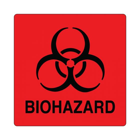 Hazard Label (Paper, Permanent) Biohazard  6"x6 Fluorescent Red - 50 Labels per Package