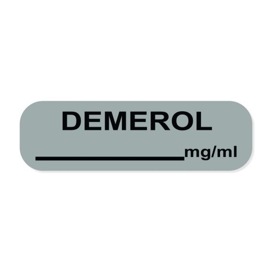 Anesthesia Label (Paper, Permanent) Demerol mg/ml 1 1/4" x 3/8" Gray - 1000 per Roll