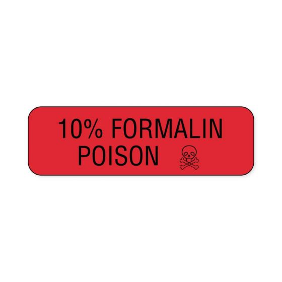 Hazard Label (Paper, Permanent) 10%; Formalin Poison 1 1/4"x3/8" Fluorescent Red - 1000 Labels per Roll