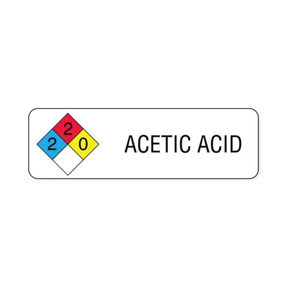 Hazard Label (Paper, Permanent) Acetic Acid  2 7/8"x7/8" White - 1000 Labels per Roll