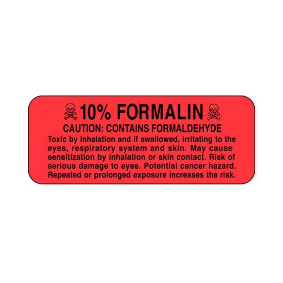 Hazard Label (Paper, Permanent) 10 % Formalin  2 1/4"x7/8" Fluorescent Red - 1000 Labels per Roll