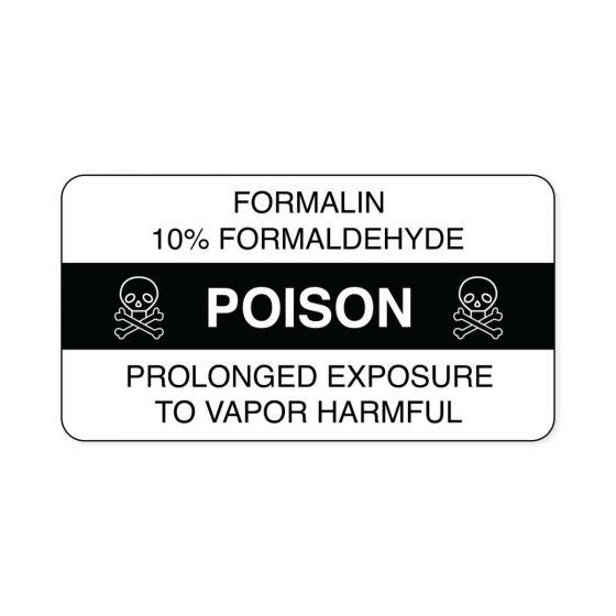 Hazard Label (Paper, Permanent) Formalin 0.1  3"x1 5/8" White - 500 Labels per Roll