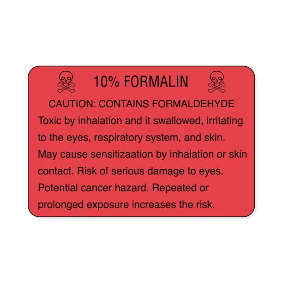 Hazard Label (Paper, Permanent) 0.1 Formalin  3"x2" Fluorescent Red - 500 Labels per Roll