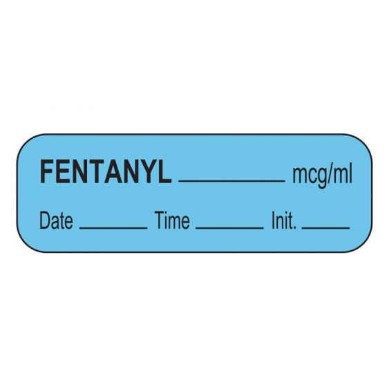 Anesthesia Label with Date, Time & Initial (Paper, Permanent) Fentanyl mcg/ml 1 1/2" x 1/2" Blue - 1000 per Roll