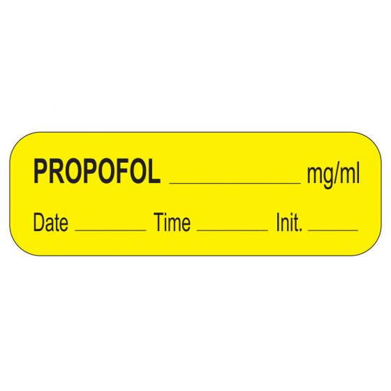 Anesthesia Label with Date, Time & Initial (Paper, Permanent) Propofol mg/ml 1 1/2" x 1/2" Yellow - 1000 per Roll