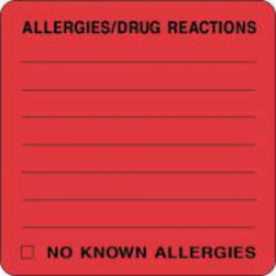 Label Paper Permanent Allergies/drug React 1 1/2" Core 2 1/2"x2 1/2" Fl. Red 500 per Roll