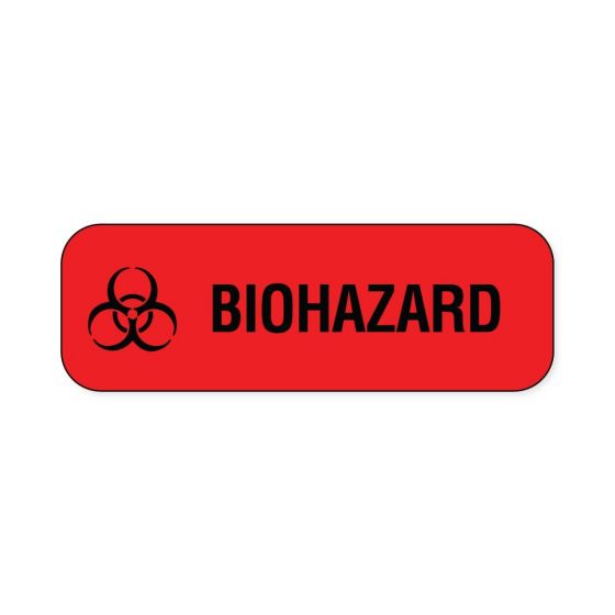 Hazard Label (Paper, Permanent) Biohazard  1 1/2"x1/2" Fluorescent Red - 1000 Labels per Roll