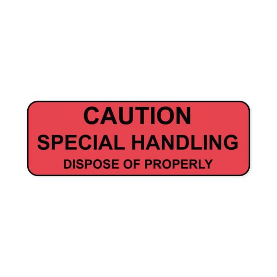 Hazard Label (Paper, Permanent) Caution Special  2 7/8"x7/8" Fluorescent Red - 1000 Labels per Roll