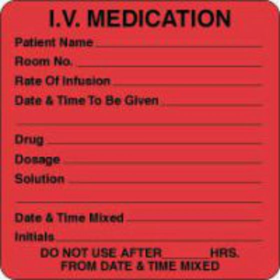 Communication Label (Paper, Permanent) I.V. Medication 2 1/2" x 2 1/2" Fluorescent Red - 500 per Roll