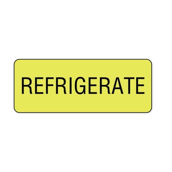 Lab Communication Label (Paper, Permanent) Refrigerate  2 1/4"x7/8" Fluorescent Yellow - 1000 per Roll