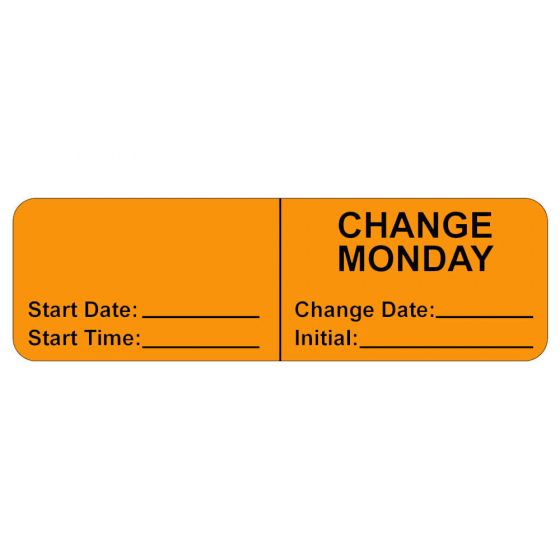 IV LABEL, WRAPAROUND, PAPER, PERMANENT, "CHANGE MONDAY", 2-7/8" X 7/8", FL. ORANGE