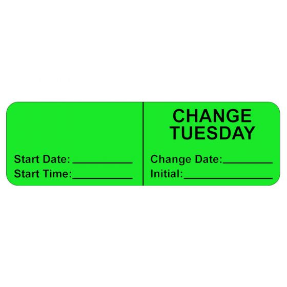 IV LABEL, WRAPAROUND, PAPER, PERMANENT, "CHANGE TUESDAY", 2-7/8" X 7/8", FL. GREEN