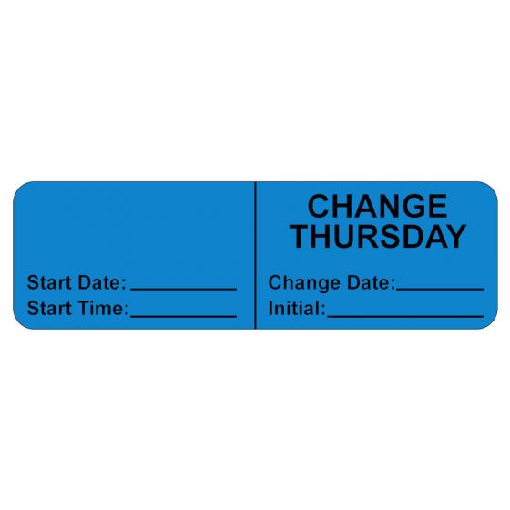 IV LABEL, WRAPAROUND, PAPER, PERMANENT, "CHANGE THURSDAY", 2-7/8" X 7/8", BLUE