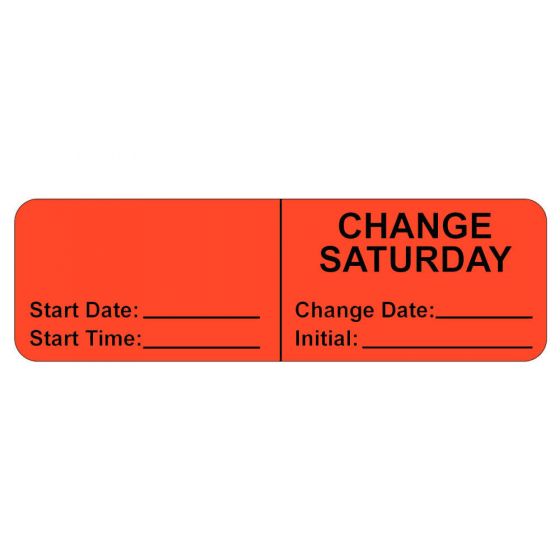 IV LABEL, WRAPAROUND, PAPER, PERMANENT, "CHANGE SATURDAY", 2-7/8" X 7/8", FL. RED