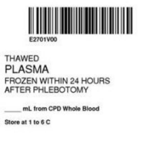 ISBT 128 Label (Synthetic, Permanent) "Thawed Plasma Frozen'' 2"x2" White - 500 per Roll