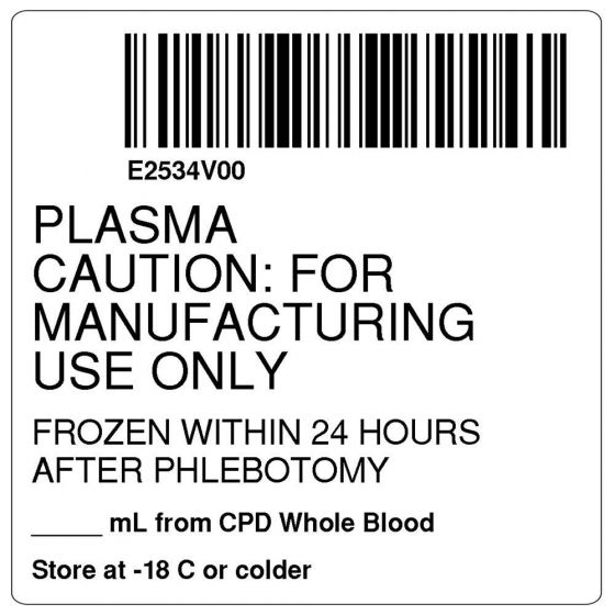 ISBT 128 Label (Synthetic, Permanent) "Plasma Caution:'' 2"x2" White - 500 per Roll