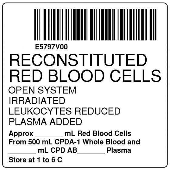 Label, ISBT 128, Synthetic, Permanent, Reconstituted Red Blood Cells, 2" X 2", White, 500 per Roll