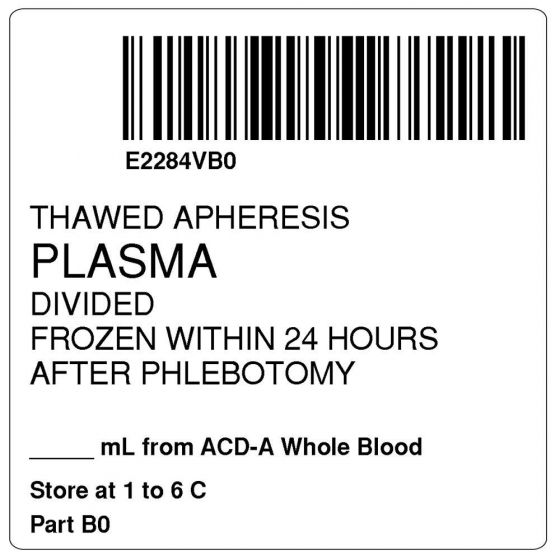 ISBT 128 Label (Synthetic, Permanent) "Thawed Apheresis Plasma", 2"x2" White, 500 per Roll