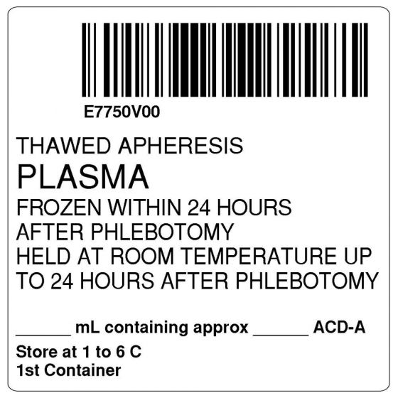 ISBT 128 Label (Synthetic, Permanent) "Thawed Apheresis Plasma", 2"x2" White, 500 per Roll