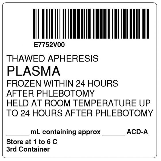 ISBT 128 Label (Synthetic, Permanent) "Thawed Apheresis Plasma", 2"x2" White, 500 per Roll