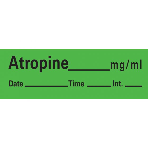 Anesthesia Tape with Date, Time & Initial (Removable) Atropine mg/ml 1/2" x 500" - 333 Imprints - Green - 500 Inches per Roll