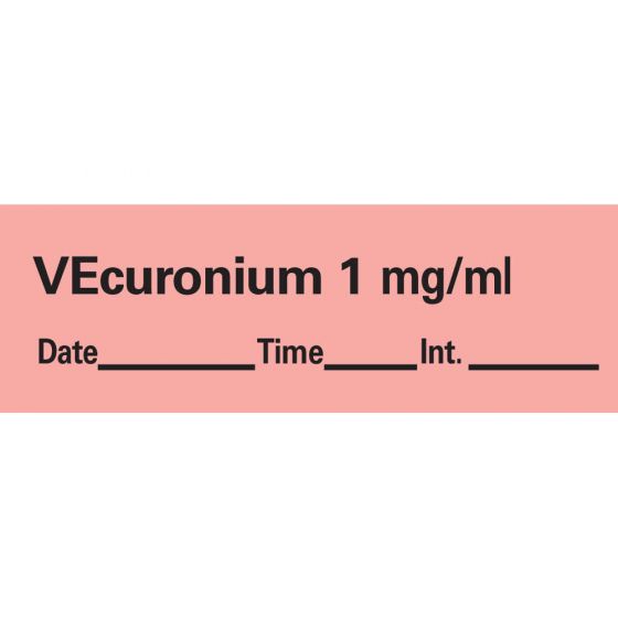 Anesthesia Tape with Date, Time, and Initial Removable Vecuronium 1 mg/ml 1" Core 1/2" x 500" Imprints Fl. Red 333 500 Inches per Roll