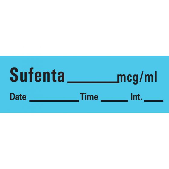 Anesthesia Tape with Date, Time & Initial (Removable) Sufenta mcg/ml 1/2" x 500" - 333 Imprints - Blue - 500 Inches per Roll