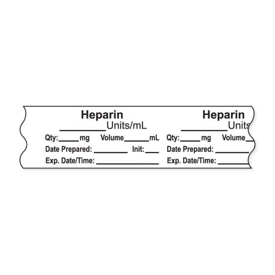 Anesthesia Tape, with Expiration Date, Time & Initial (Removable), "Heparin Units/ml" 3/4" x 500" White - 333 Imprints - 500 Inches per Roll