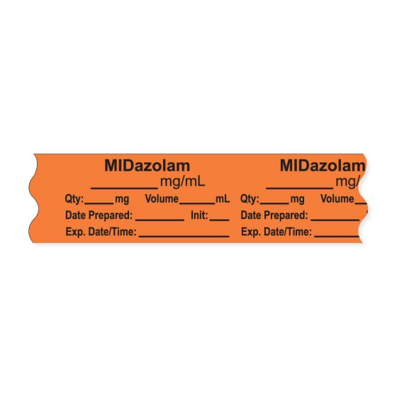 Anesthesia Tape, with Expiration Date, Time & Initial (Removable), "Midazolam mg/ml" 3/4" x 500", Orange, - 333 Imprints - 500 Inches per Roll