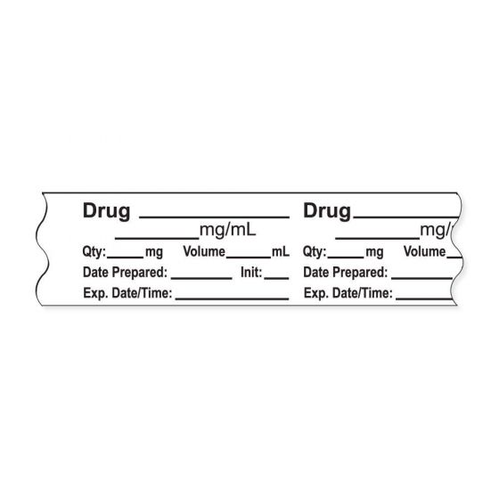 Anesthesia Tape, with Expiration Date, Time & Initial (Removable), "Drug mg/ml" 3/4" x 500" White - 333 Imprints - 500 Inches per Roll