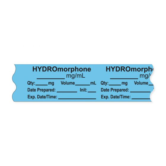 Anesthesia Tape, with Expiration Date, Time & Initial (Removable), "Hydromorphone mg/ml" 3/4" x 500" Blue - 333 Imprints - 500 Inches per Roll