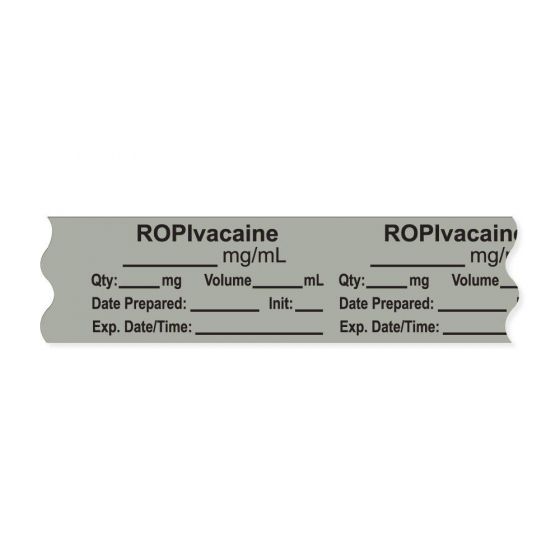 Anesthesia Tape, with Expiration Date, Time & Initial (Removable), "Ropivacaine mg/ml" 3/4" x 500", Gray - 333 Imprints - 500 Inches per Roll