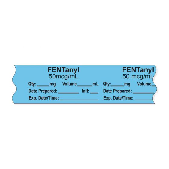 Anesthesia Tape, with Expiration Date, Time & Initial (Removable), "Fentanyl 50 mcg/ml" 3/4" x 500" Blue - 333 Imprints - 500 Inches per Roll