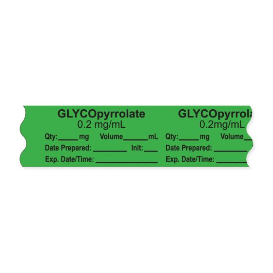 Anesthesia Tape, with Expiration Date, Time & Initial (Removable), "Glycopyrrolate 0.2 mg/ml" 3/4" x 500", Green, - 333 Imprints - 500 Inches per Roll