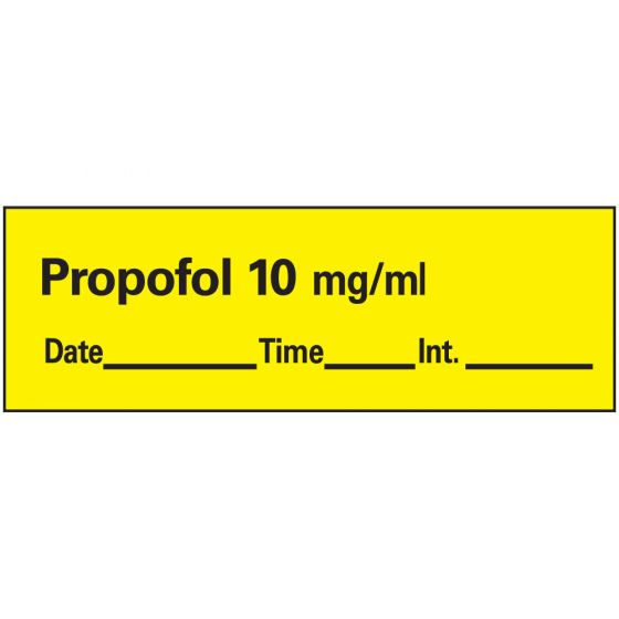 Anesthesia Tape with Date, Time & Initial (Removable) Propofol 10 mg/ml 1 Core 1/2" x 500" - 333 Imprints - Yellow - 500 Inches per Roll