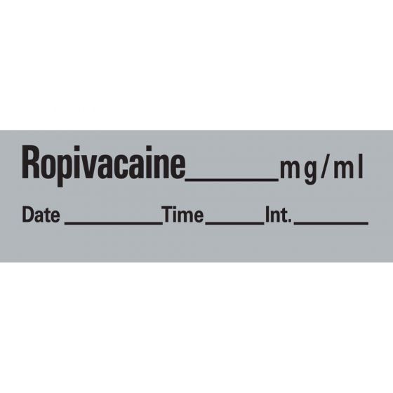 Anesthesia Tape with Date, Time & Initial (Removable) Ropivacaine mg/ml 1/2" x 500" - 333 Imprints - Gray - 500 Inches per Roll