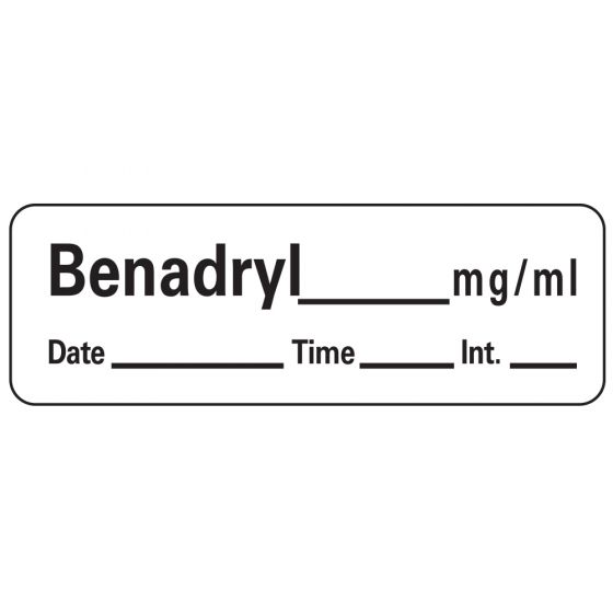 Anesthesia Label with Date, Time & Initial (Paper, Permanent) Benadryl mg/ml 1 1/2" x 1/2" White - 600 per Roll